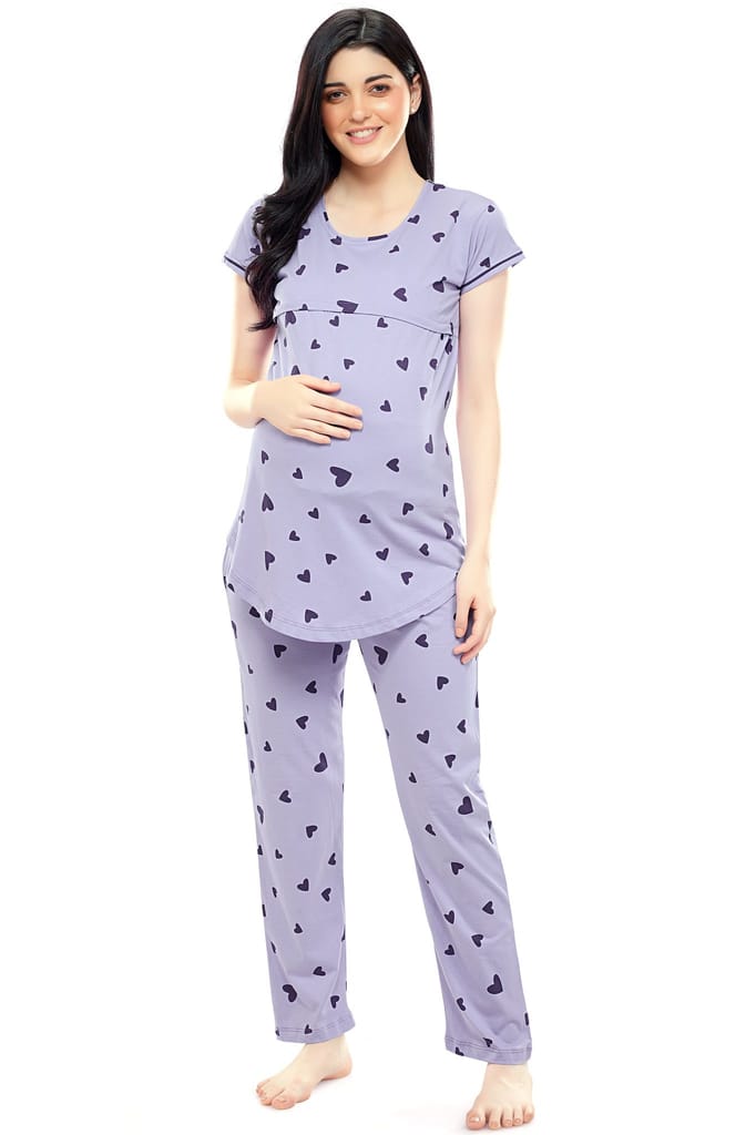 ZEYO Women Cotton Pink Heart Print Maternity & Feeding Night Suit