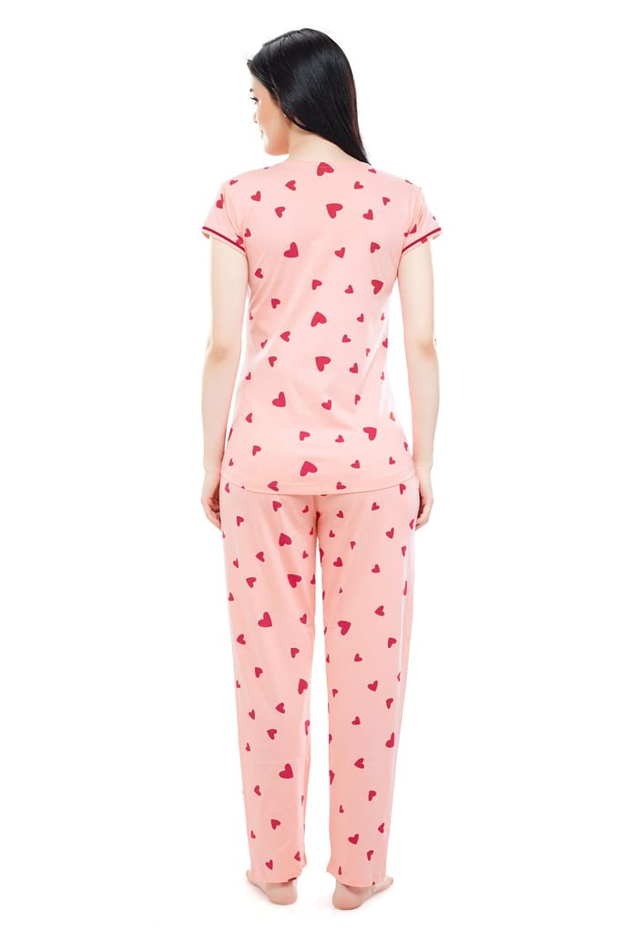ZEYO Women Cotton Pink Heart Print Maternity & Feeding Night Suit