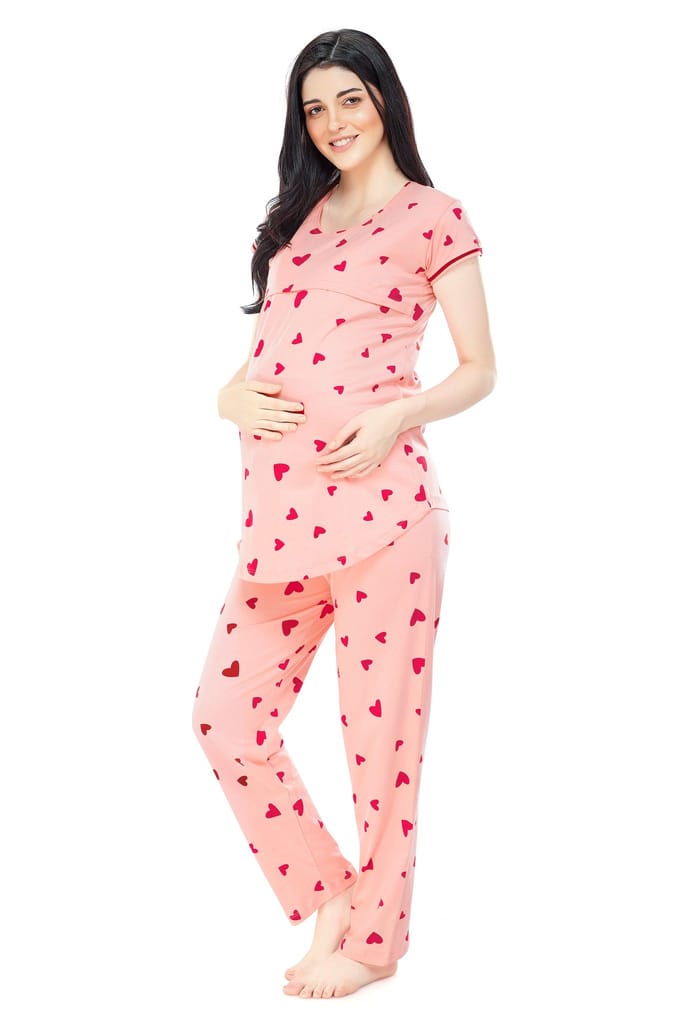 ZEYO Women Cotton Pink Heart Print Maternity & Feeding Night Suit