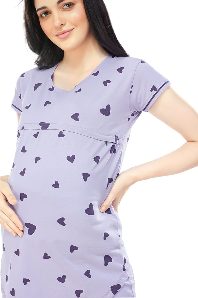 ZEYO Women Cotton Pink Heart Print Maternity & Feeding Night Suit