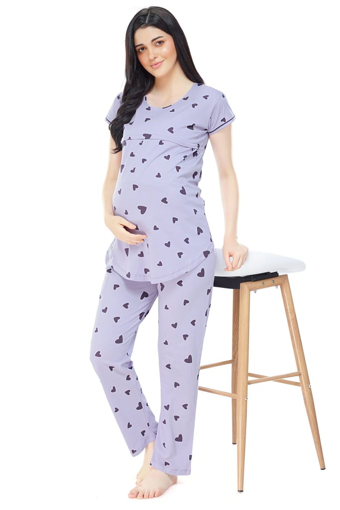 ZEYO Women Cotton Pink Heart Print Maternity & Feeding Night Suit