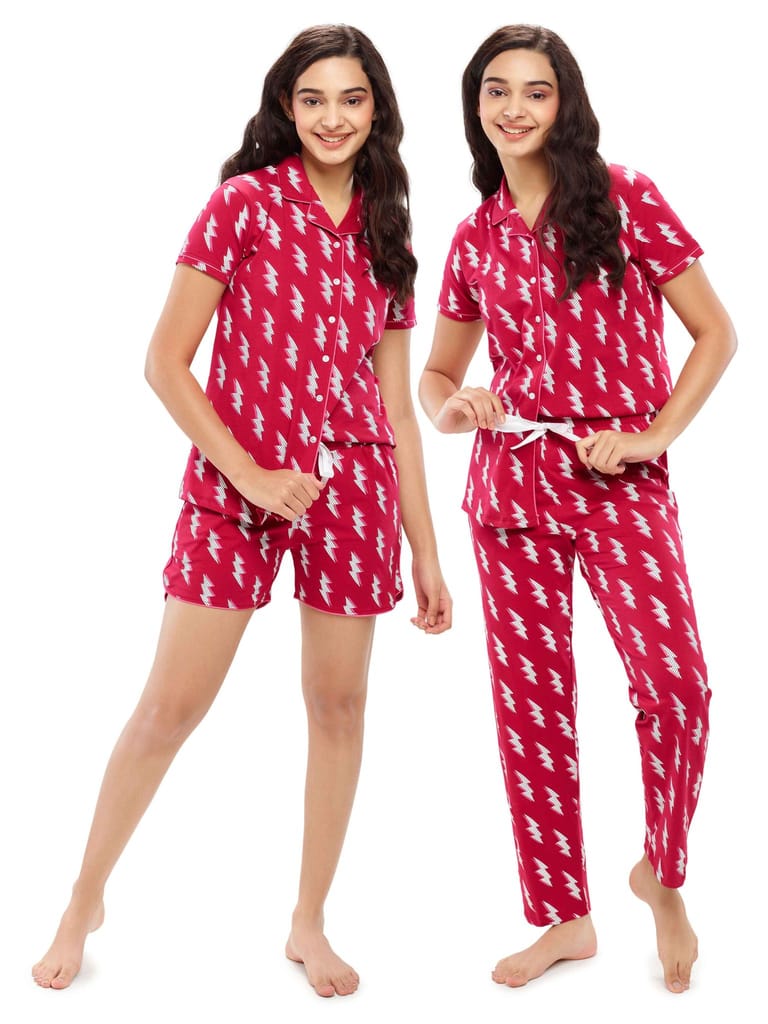 ZEYO Women's Cotton 3PCS Blue Flash Printed Night suit set