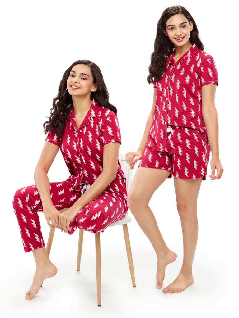 ZEYO Women's Cotton 3PCS Blue Flash Printed Night suit set