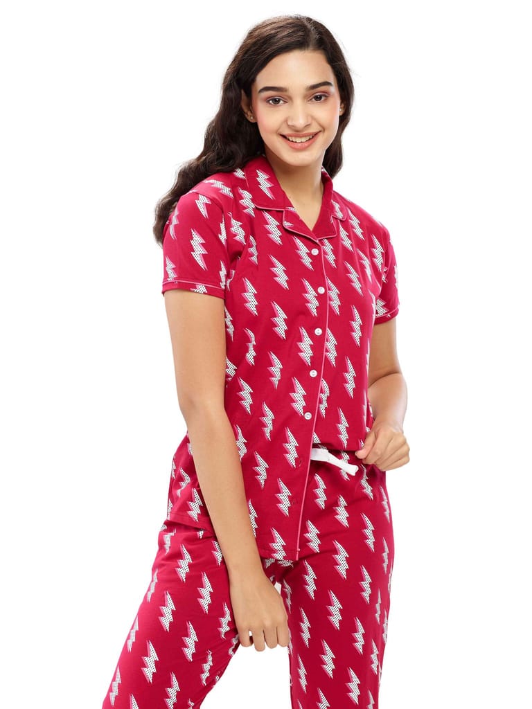 ZEYO Women's Cotton 3PCS Blue Flash Printed Night suit set