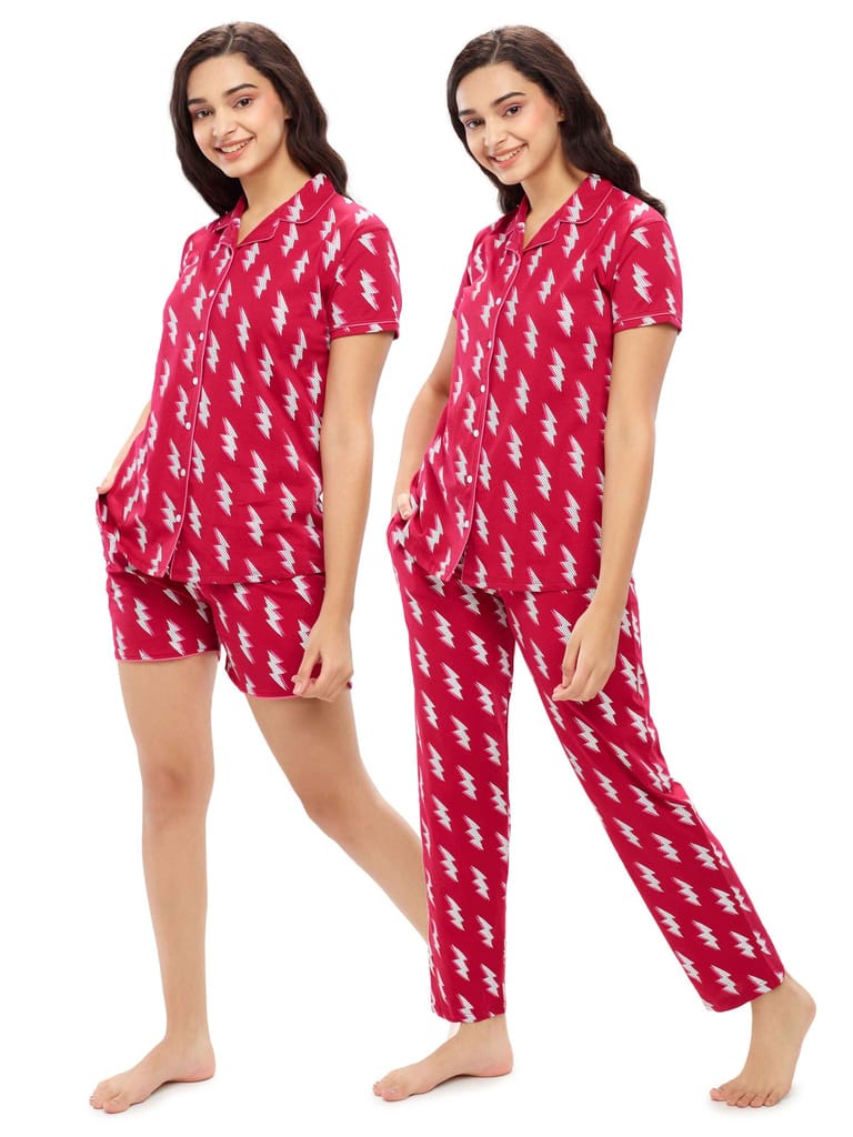 ZEYO Women's Cotton 3PCS Blue Flash Printed Night suit set