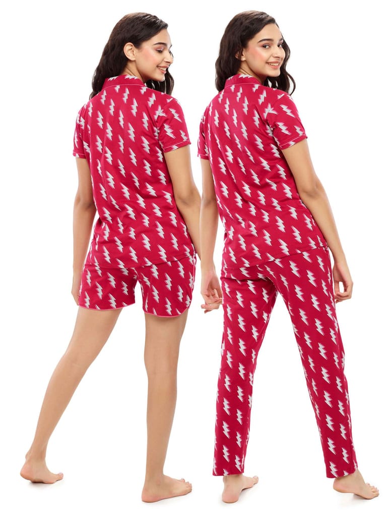 ZEYO Women's Cotton 3PCS Blue Flash Printed Night suit set