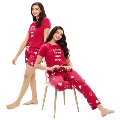 ZEYO Women's Cotton 3PCS Red Heart Printed Night suit set