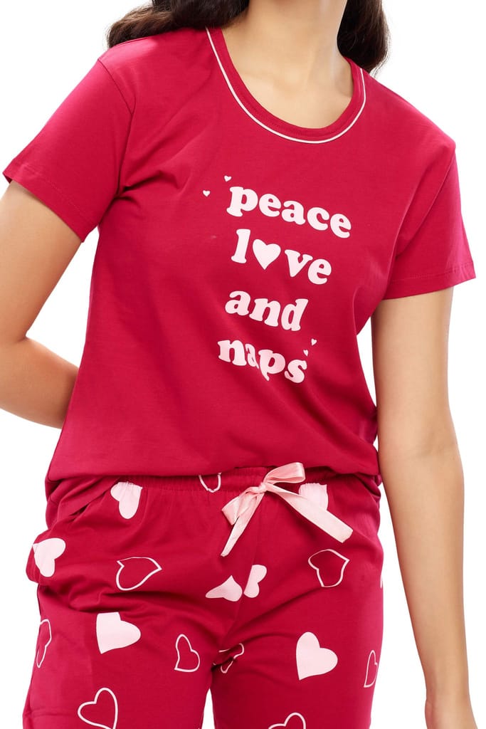 ZEYO Women's Cotton 3PCS Red Heart Printed Night suit set