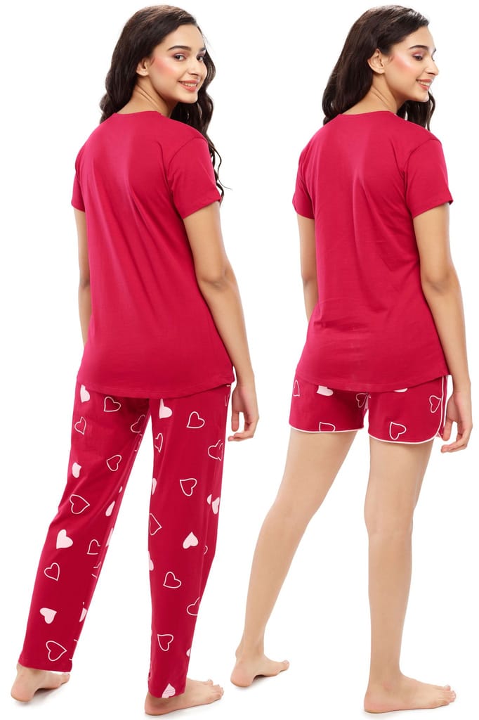 ZEYO Women's Cotton 3PCS Red Heart Printed Night suit set