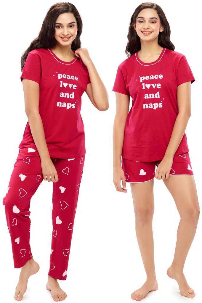 ZEYO Women's Cotton 3PCS Red Heart Printed Night suit set