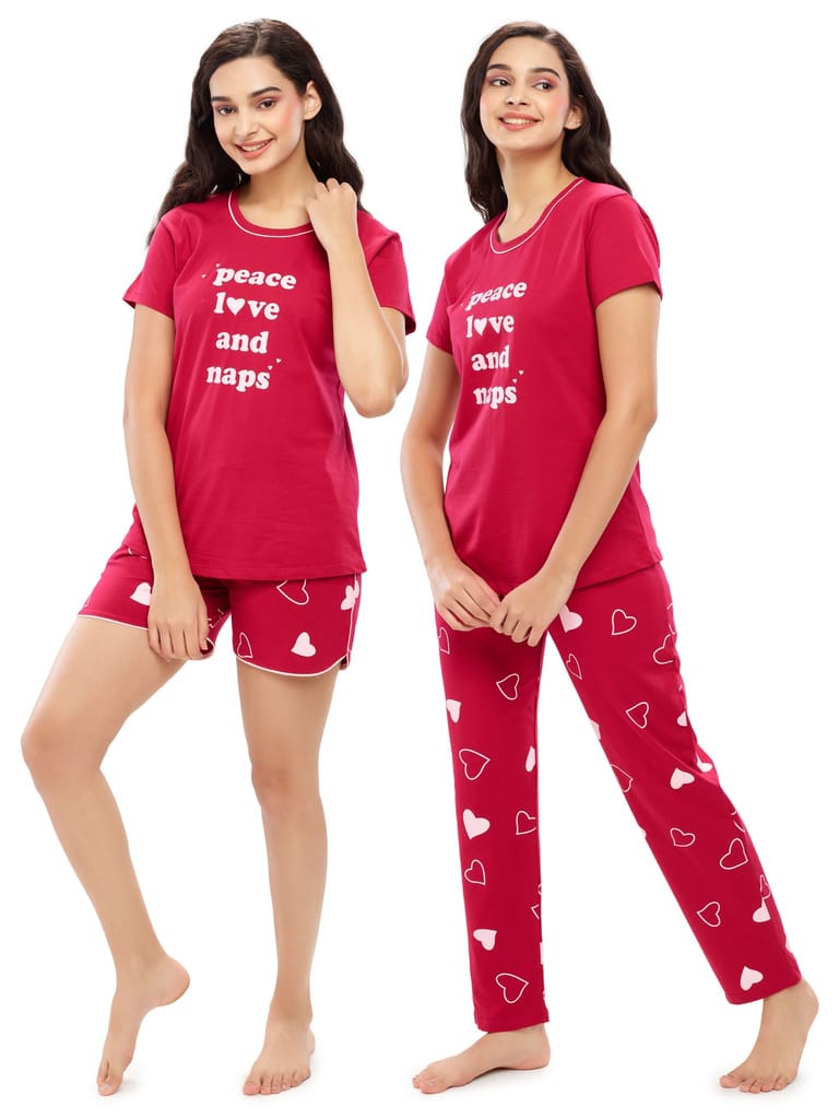 ZEYO Women's Cotton 3PCS Red Heart Printed Night suit set