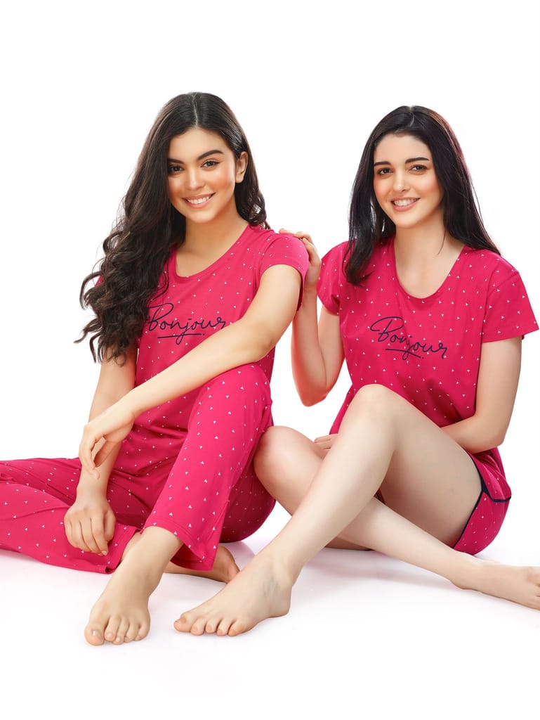 ZEYO Women's Cotton 3PCS Navy Blue Triangle Printed Night suit set