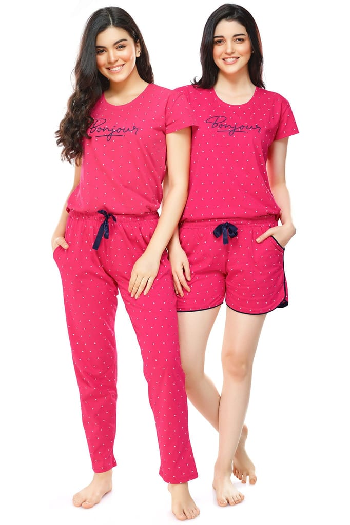 ZEYO Women's Cotton 3PCS Navy Blue Triangle Printed Night suit set