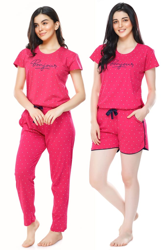 ZEYO Women's Cotton 3PCS Navy Blue Triangle Printed Night suit set