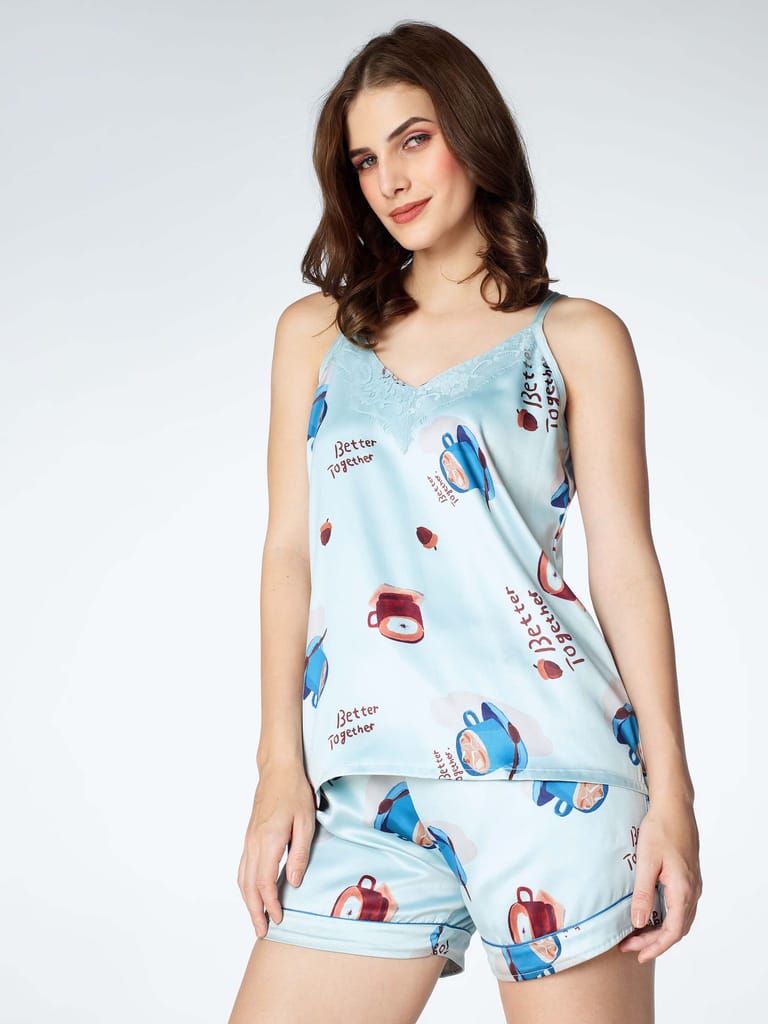 Zeyo Womens Satin Tea Cup Printed Night Suits Light Blue Top & Short set