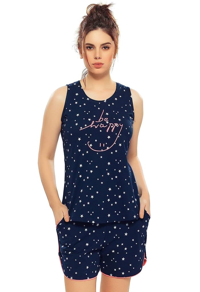 ZEYO Women's Cotton Star Printed Night Suit Set of Top & Shorts