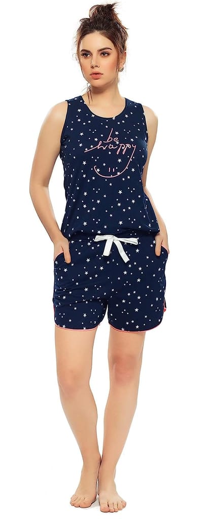 ZEYO Women's Cotton Star Printed Night Suit Set of Top & Shorts