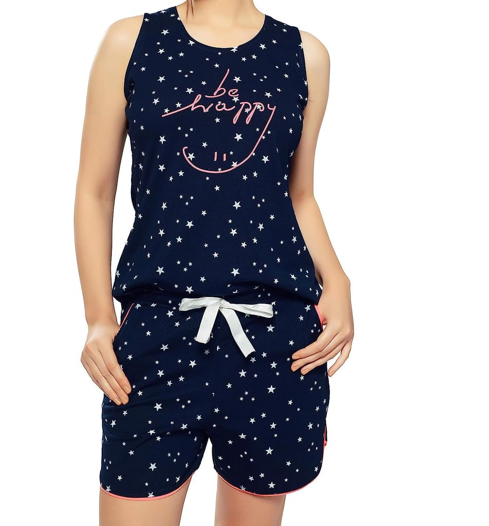 ZEYO Women's Cotton Star Printed Night Suit Set of Top & Shorts