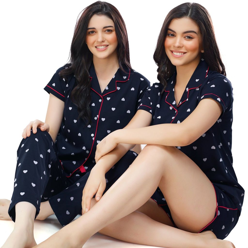 ZEYO Women's Cotton 3PCS Green Heart Printed Night suit set