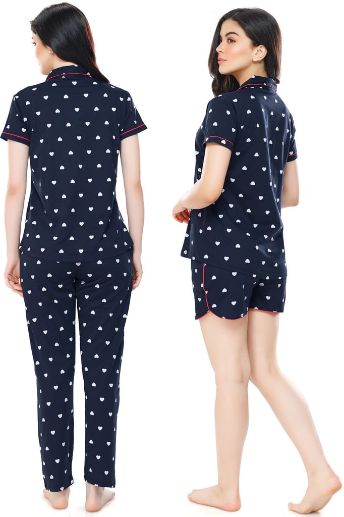 ZEYO Women's Cotton 3PCS Green Heart Printed Night suit set