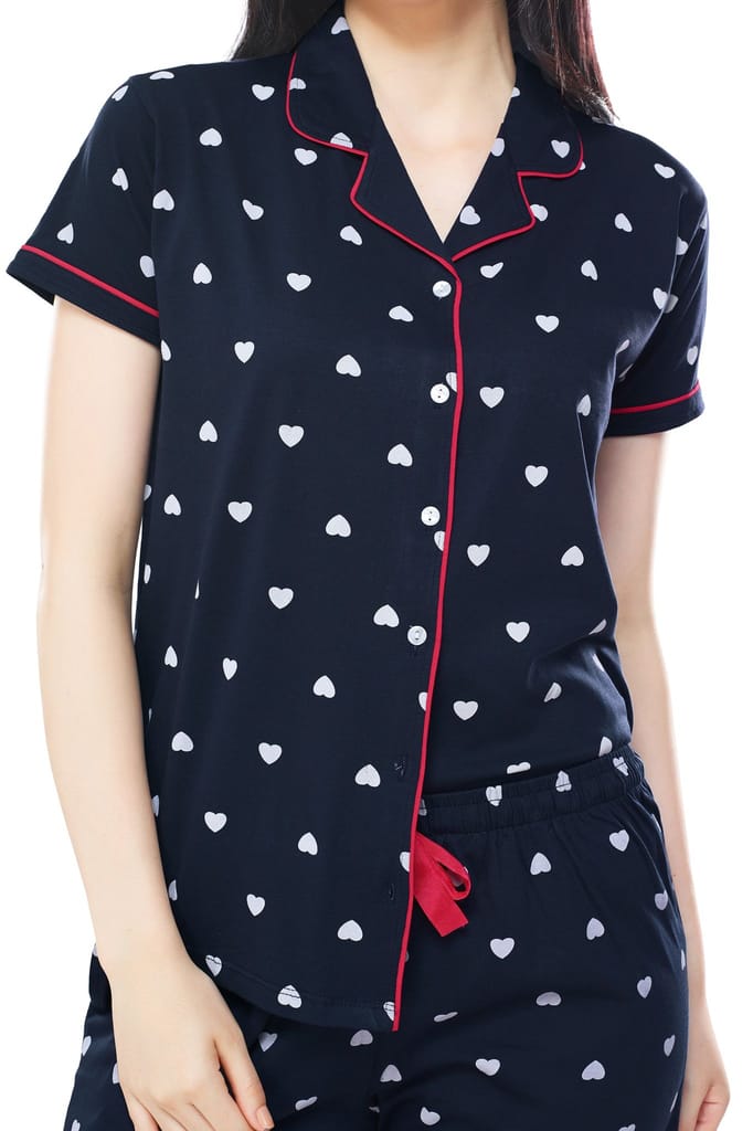 ZEYO Women's Cotton 3PCS Green Heart Printed Night suit set