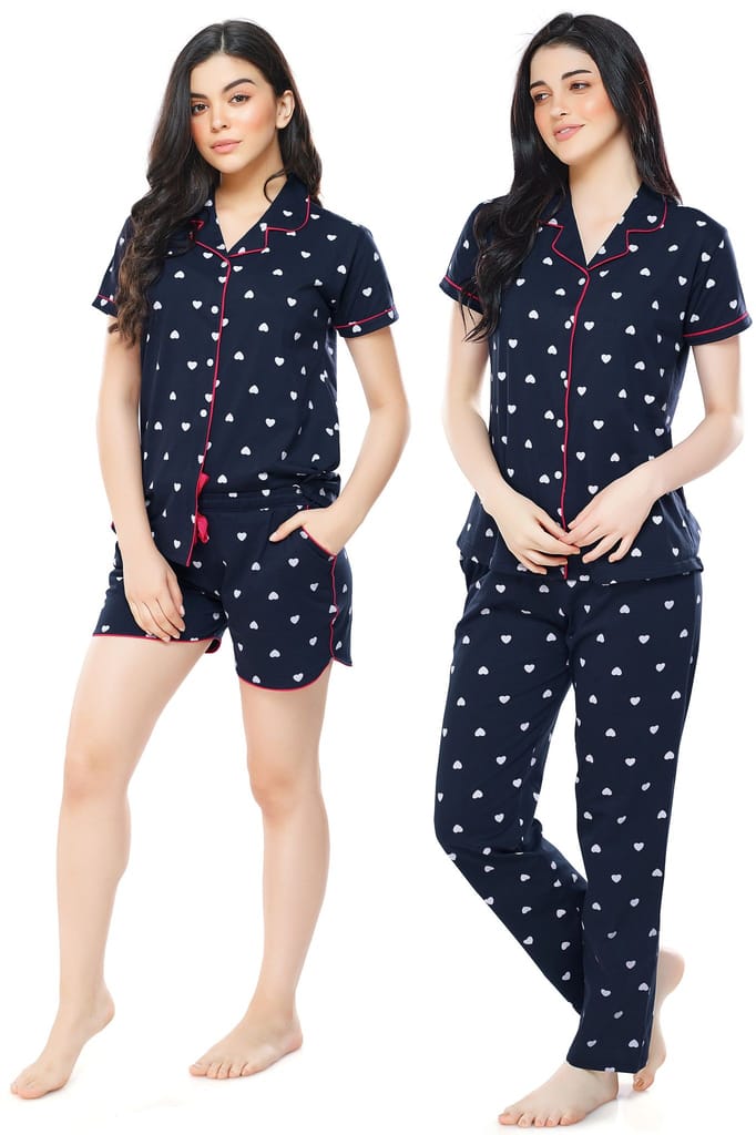 ZEYO Women's Cotton 3PCS Green Heart Printed Night suit set