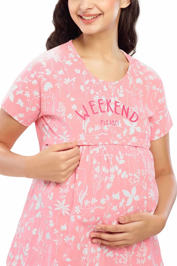 ZEYO Women Cotton Pink Floral Print Maternity & Feeding Top