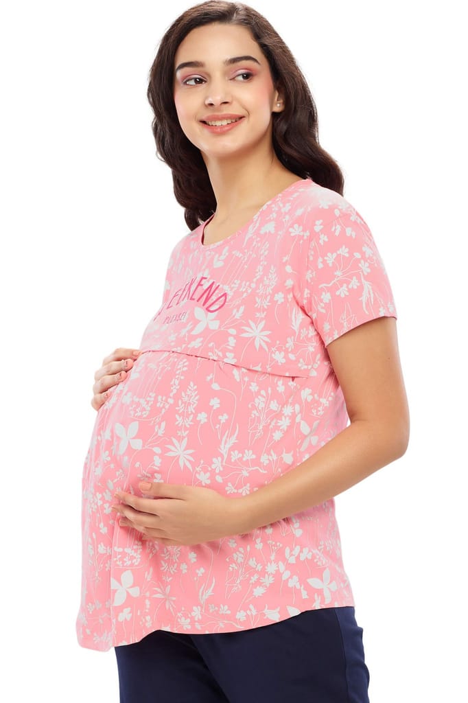 ZEYO Women Cotton Pink Floral Print Maternity & Feeding Top