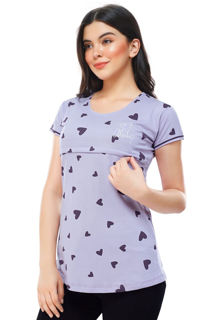 ZEYO Women Cotton Violet Heart Print Maternity & Feeding Top