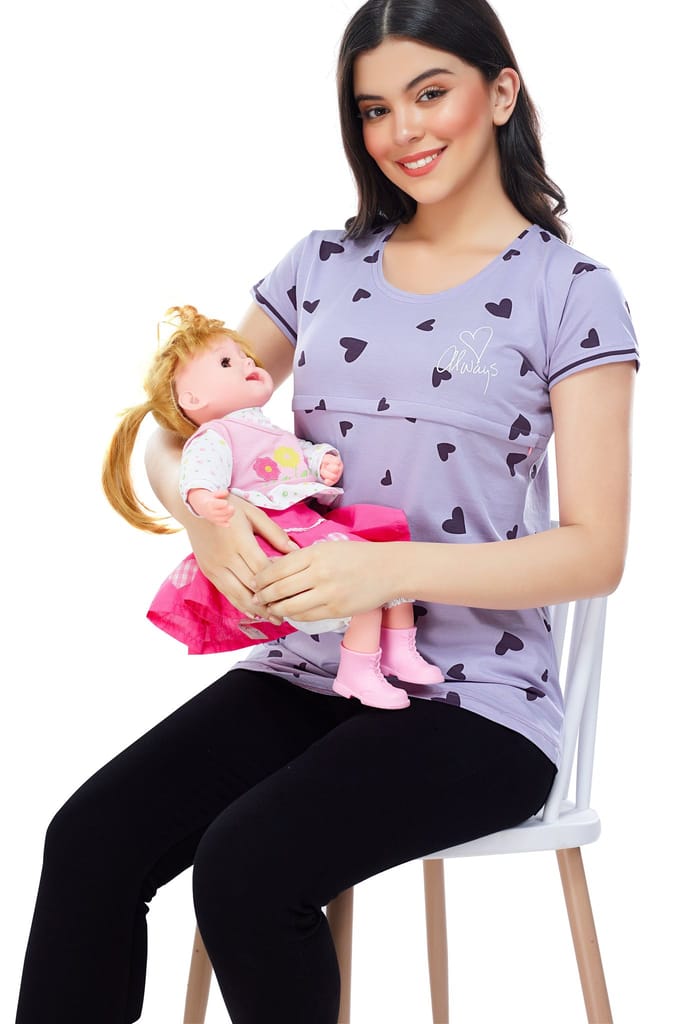ZEYO Women Cotton Violet Heart Print Maternity & Feeding Top