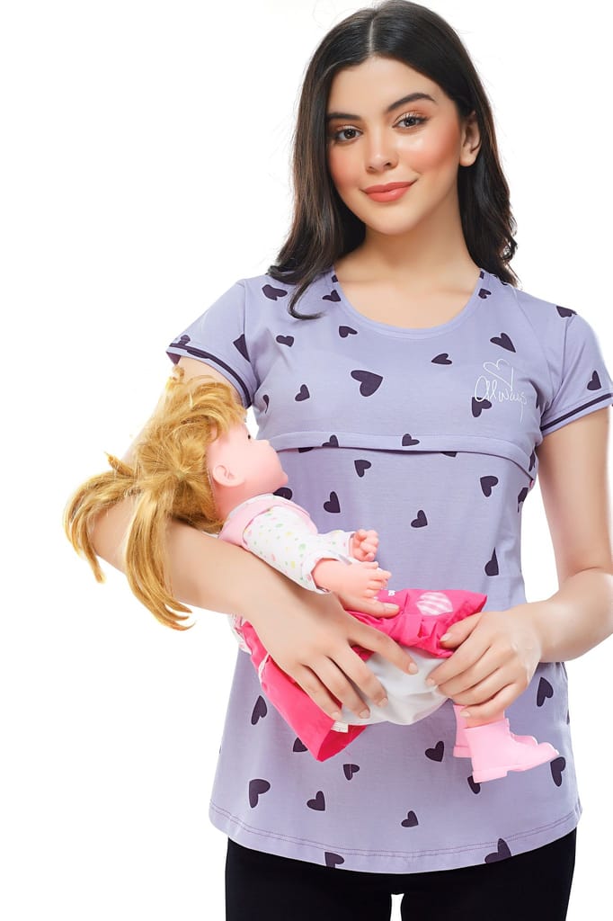 ZEYO Women Cotton Violet Heart Print Maternity & Feeding Top