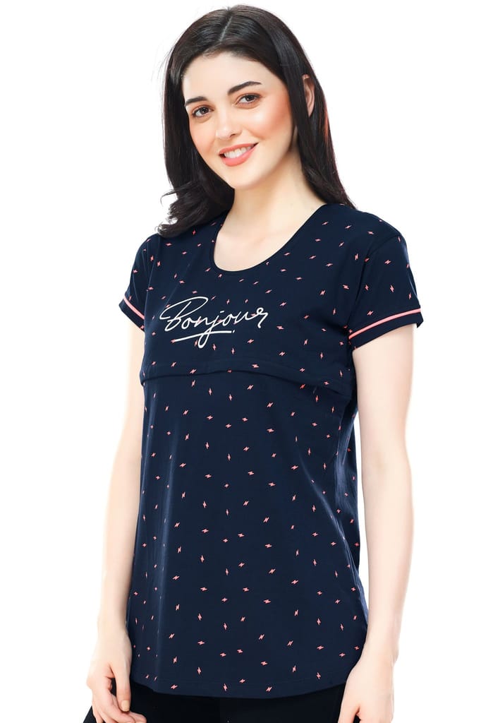 ZEYO Women Cotton Navy Blue Flash Print Maternity & Feeding Top