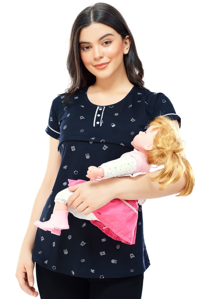 ZEYO Women Cotton Red Printed Maternity & Feeding Top