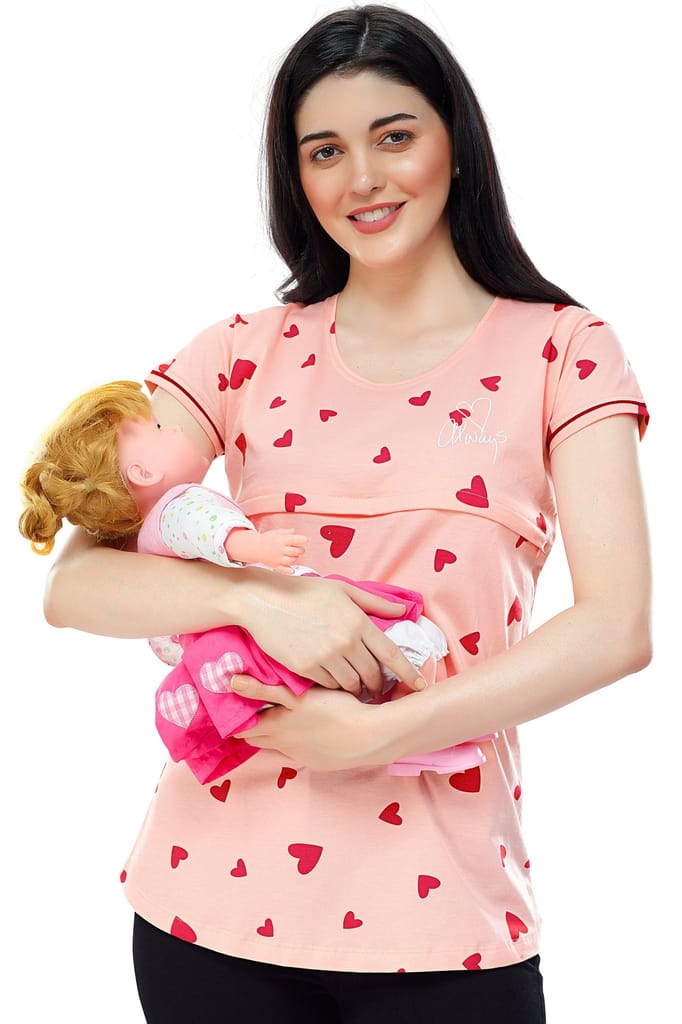 ZEYO Women Cotton Violet Heart Print Maternity & Feeding Top