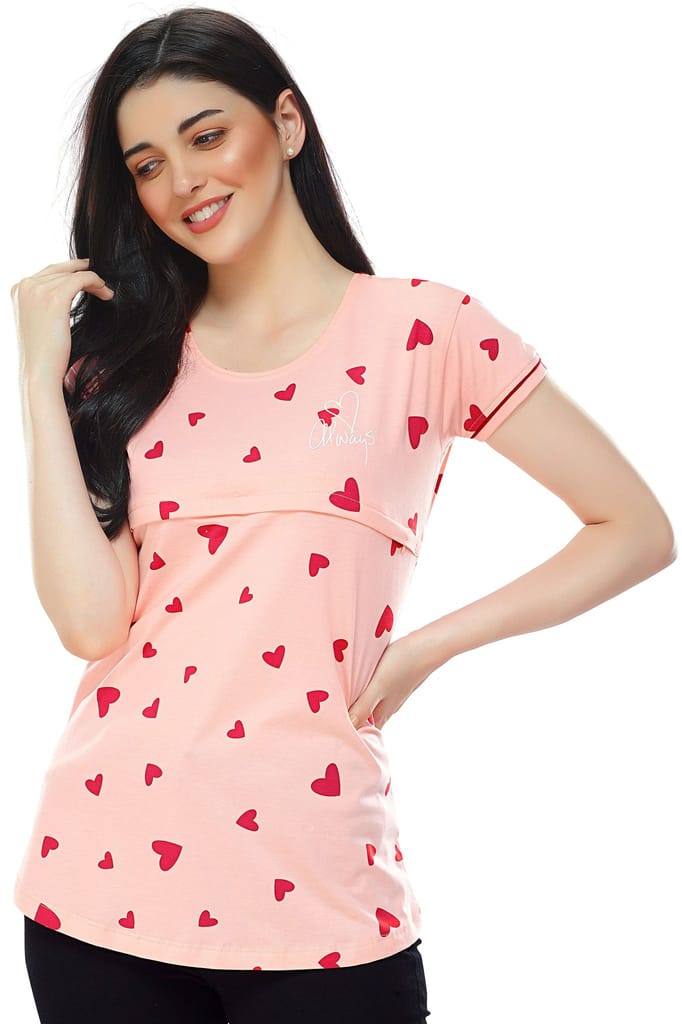 ZEYO Women Cotton Violet Heart Print Maternity & Feeding Top