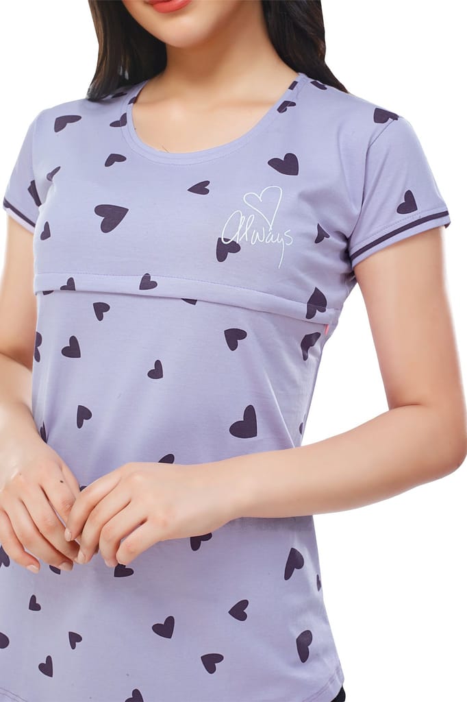 ZEYO Women Cotton Violet Heart Print Maternity & Feeding Top