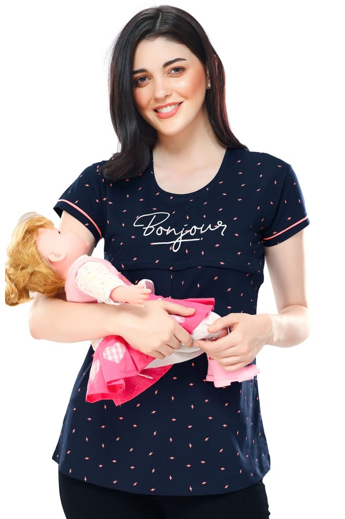 ZEYO Women Cotton Navy Blue Flash Print Maternity & Feeding Top