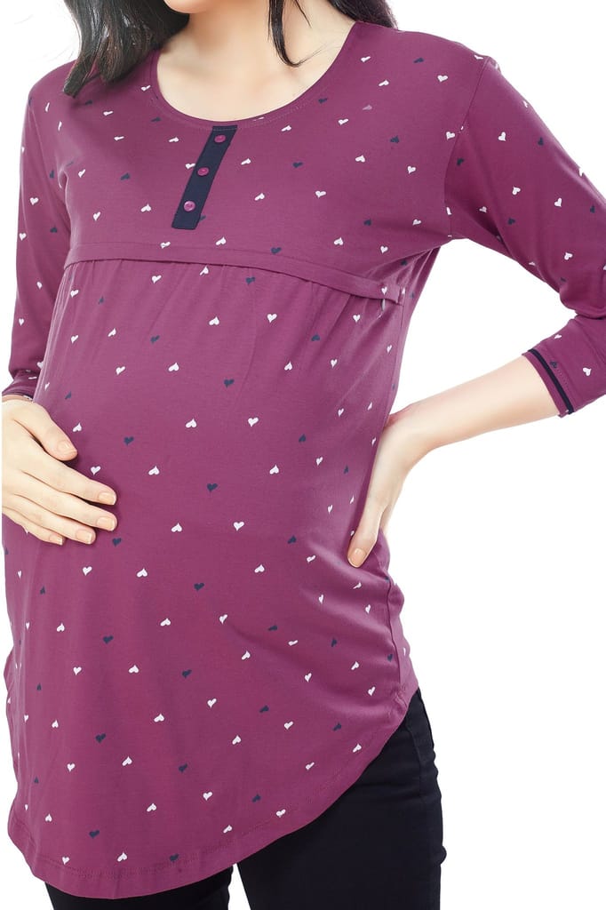 ZEYO Women Cotton Navy Blue Heart Print Maternity & Feeding Top