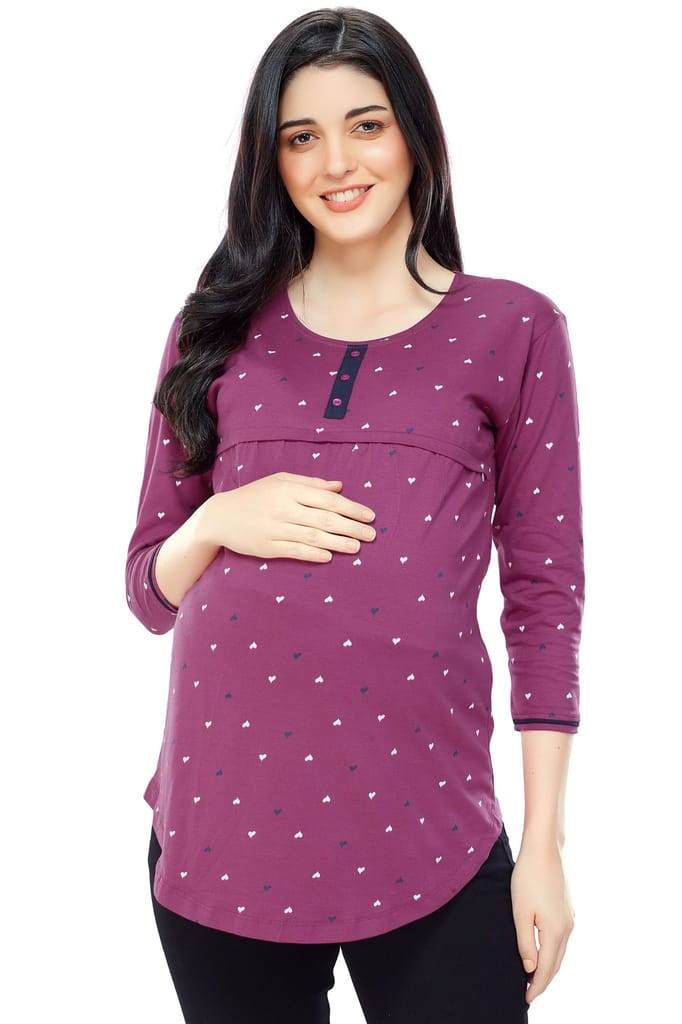 ZEYO Women Cotton Navy Blue Heart Print Maternity & Feeding Top