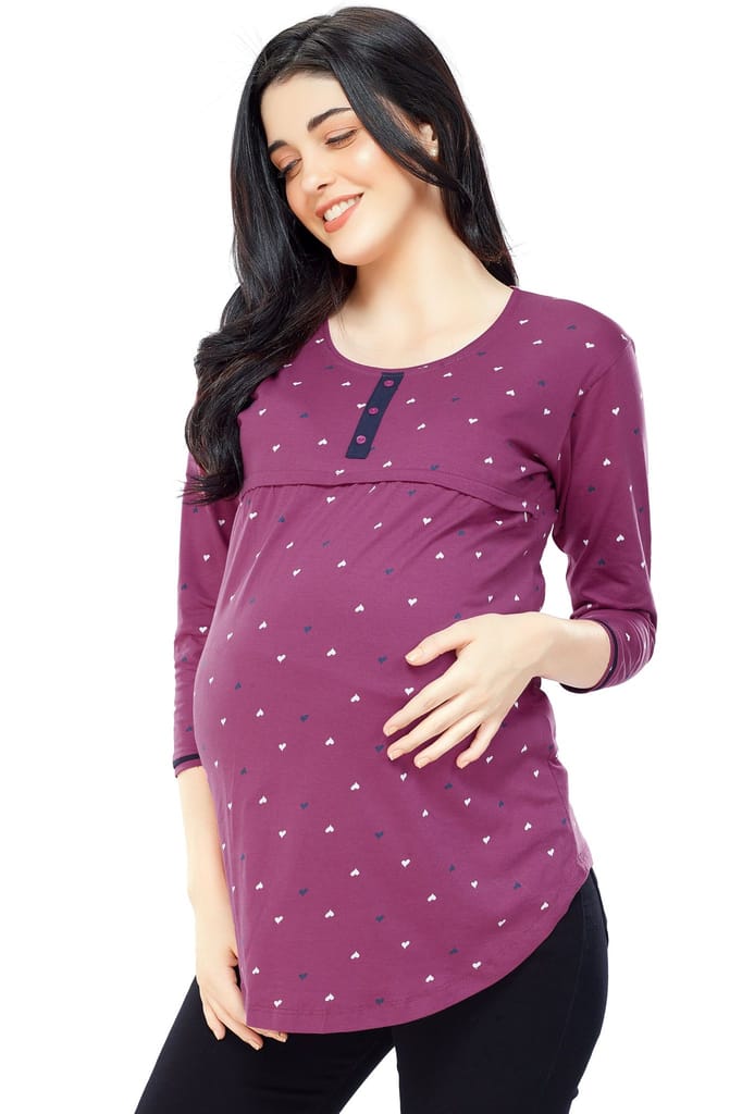 ZEYO Women Cotton Navy Blue Heart Print Maternity & Feeding Top