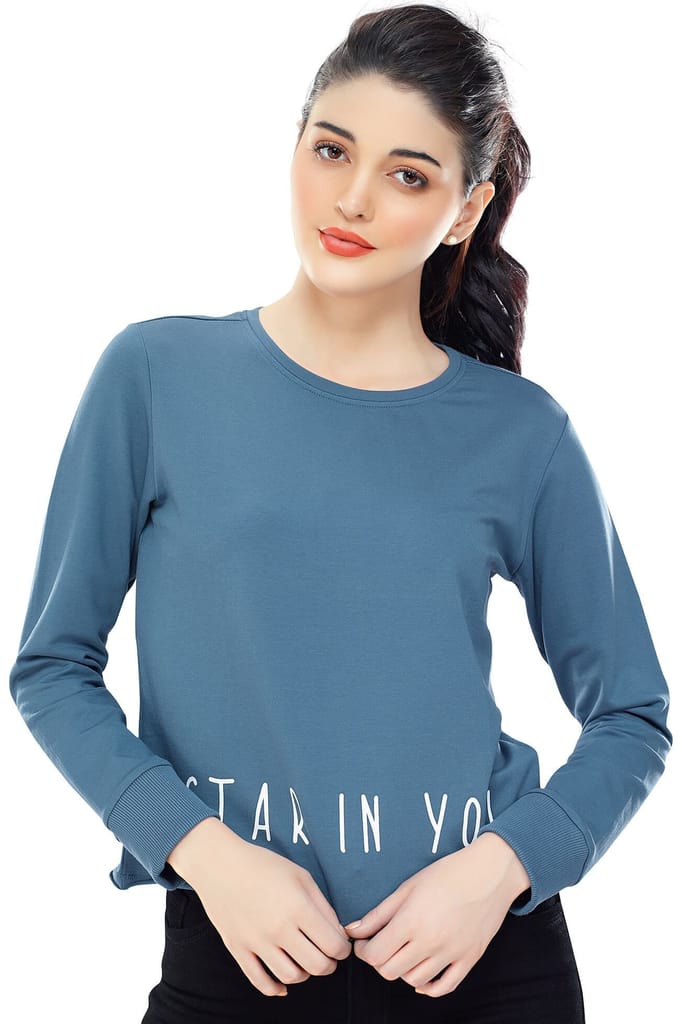 Zeyo Women Cotton Blue Printed Full Sleeve Crop Top