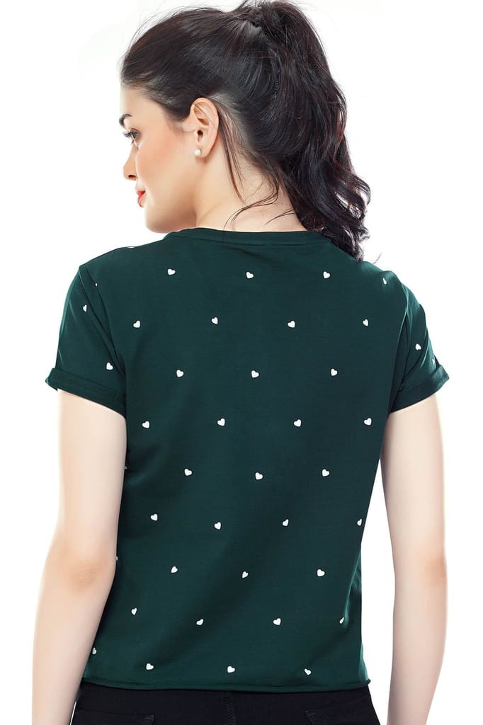 Zeyo Women Cotton Bottle Green Heart Printed Short Sleeve Crop Top