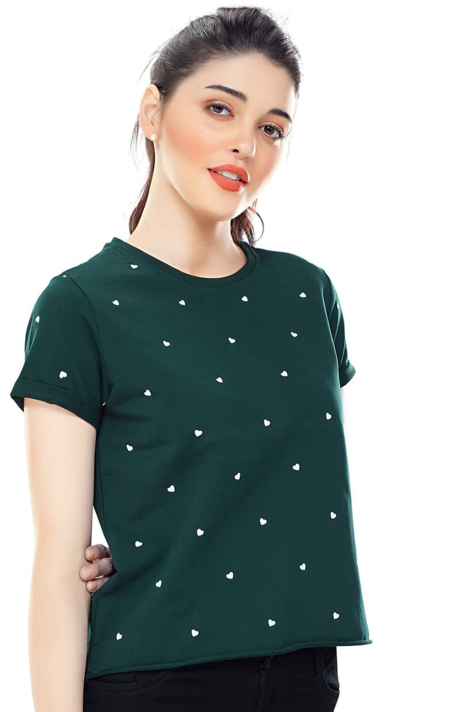 Zeyo Women Cotton Bottle Green Heart Printed Short Sleeve Crop Top