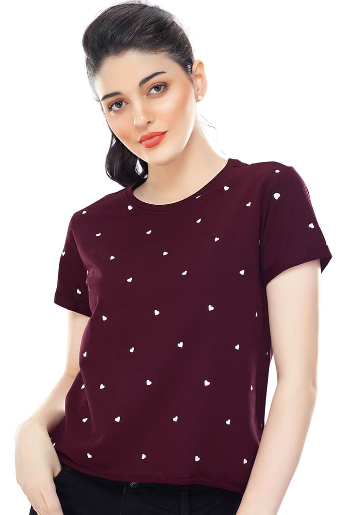 Zeyo Women Cotton Bottle Green Heart Printed Short Sleeve Crop Top