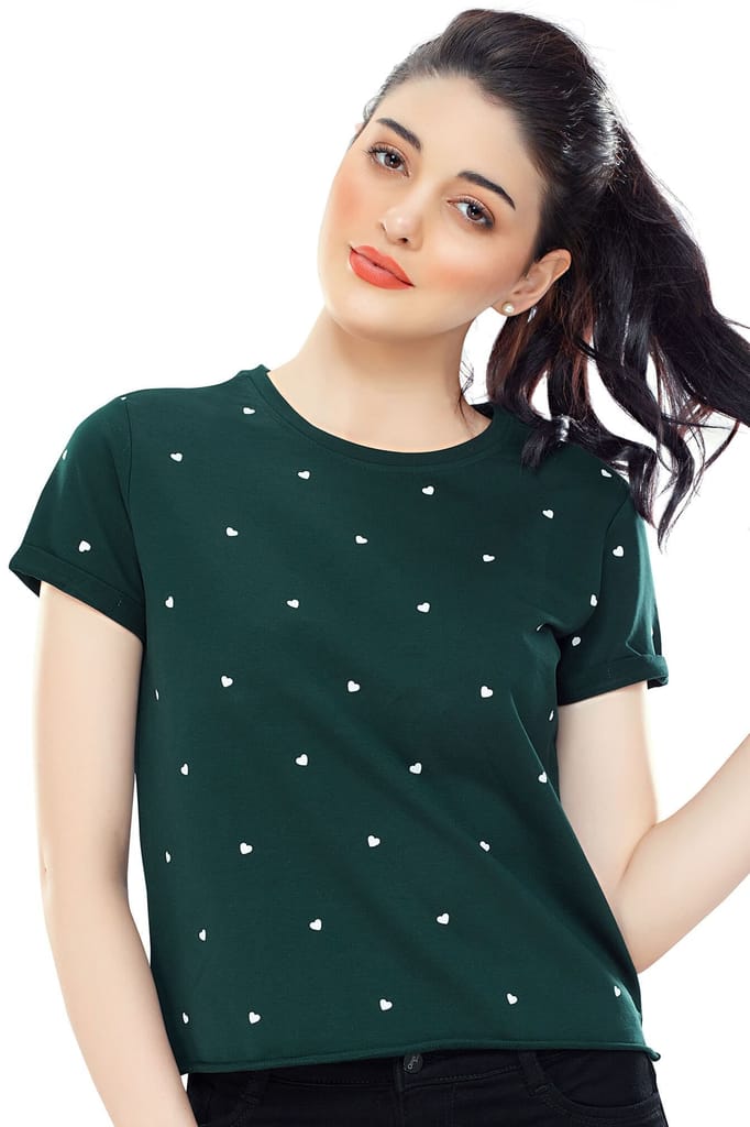Zeyo Women Cotton Bottle Green Heart Printed Short Sleeve Crop Top