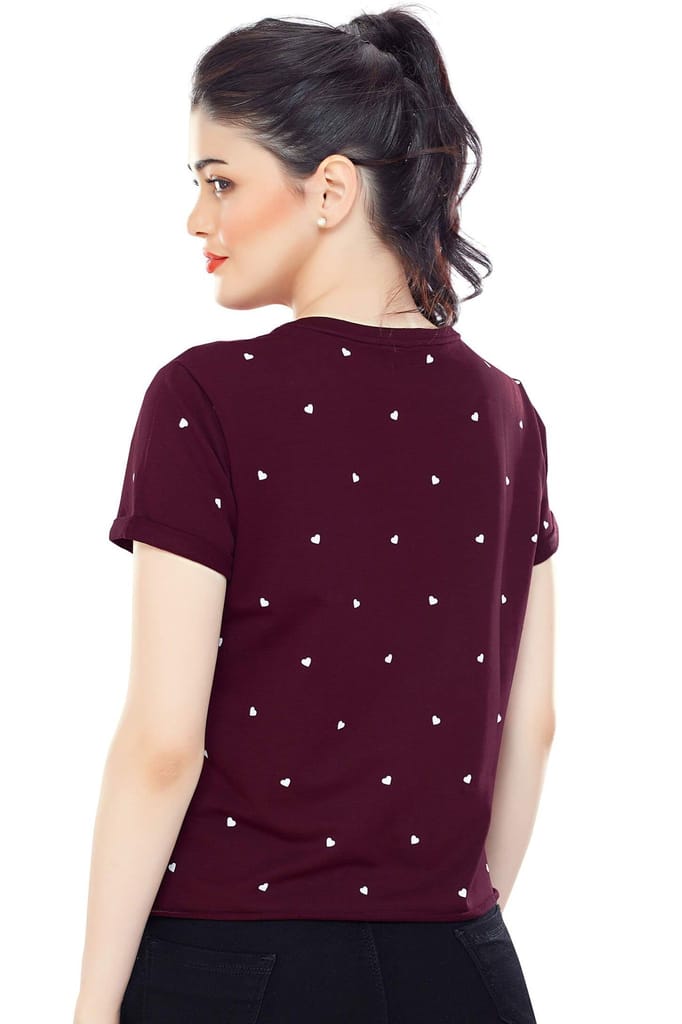 Zeyo Women Cotton Bottle Green Heart Printed Short Sleeve Crop Top