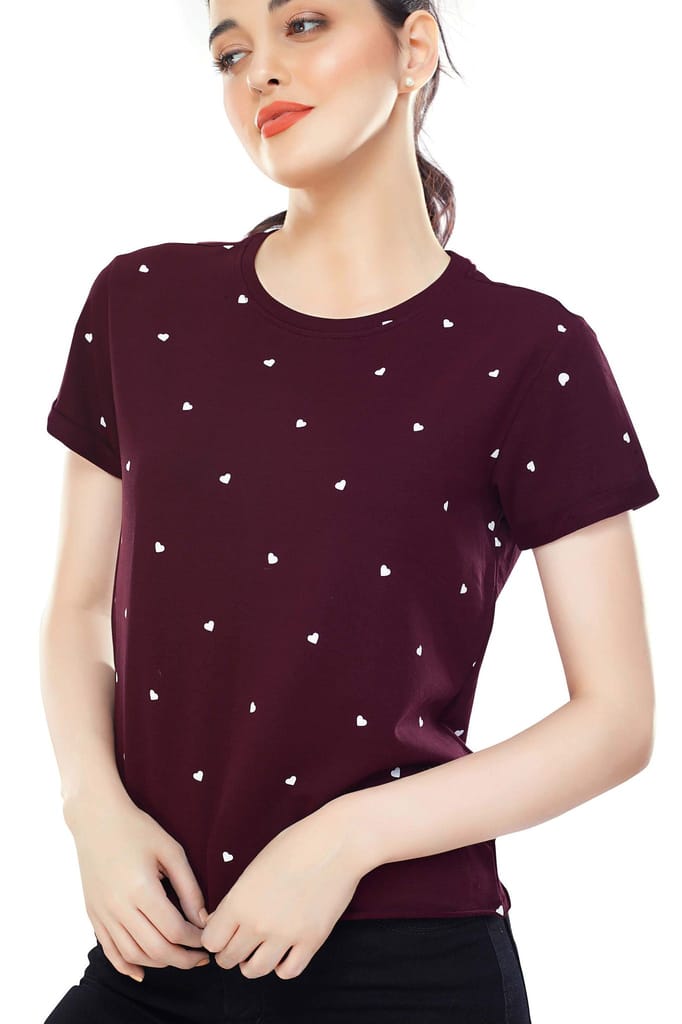 Zeyo Women Cotton Bottle Green Heart Printed Short Sleeve Crop Top