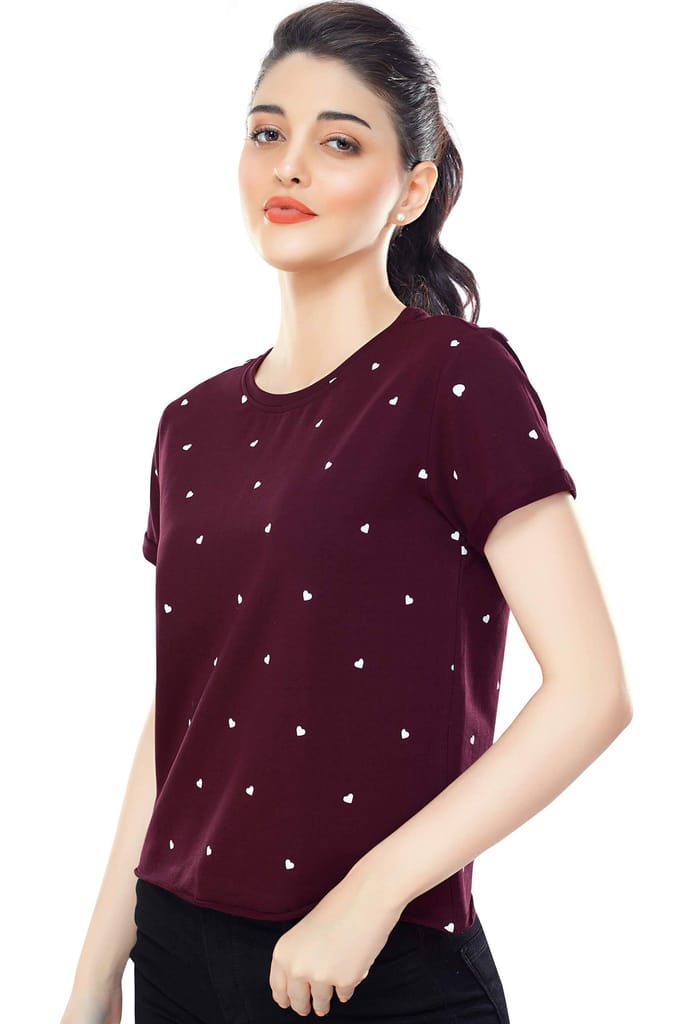 Zeyo Women Cotton Bottle Green Heart Printed Short Sleeve Crop Top