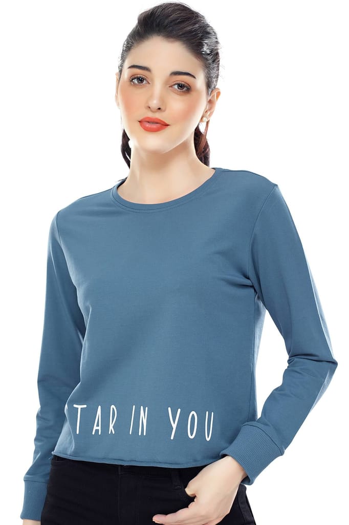 Zeyo Women Cotton Blue Printed Full Sleeve Crop Top