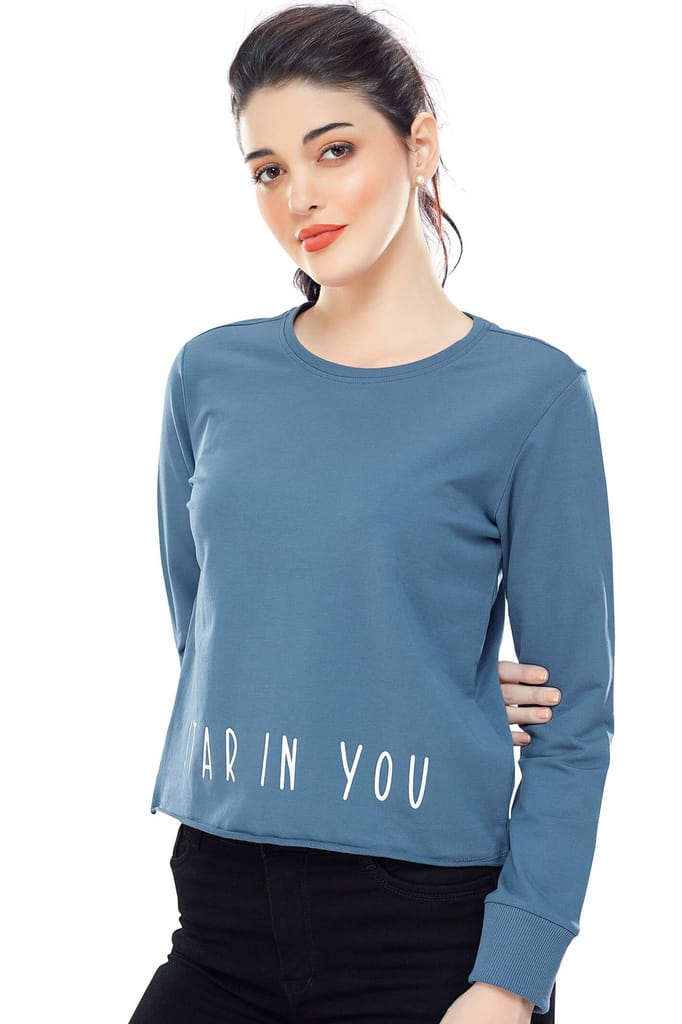 Zeyo Women Cotton Blue Printed Full Sleeve Crop Top